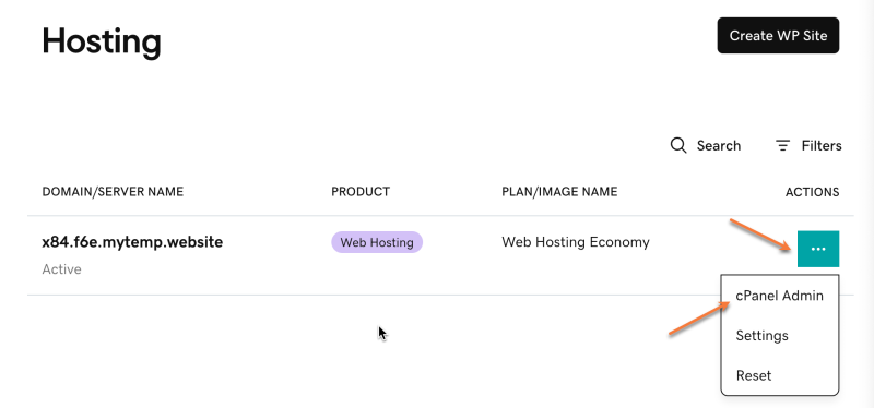 Hosting Actions cPanel Admin