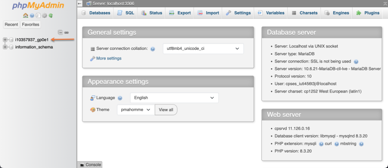 phpMyAdmin Select Database